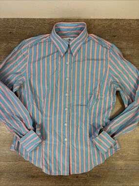 Andrea Becker Blue & Red Striped Button Front Blouse Vintage Inspired